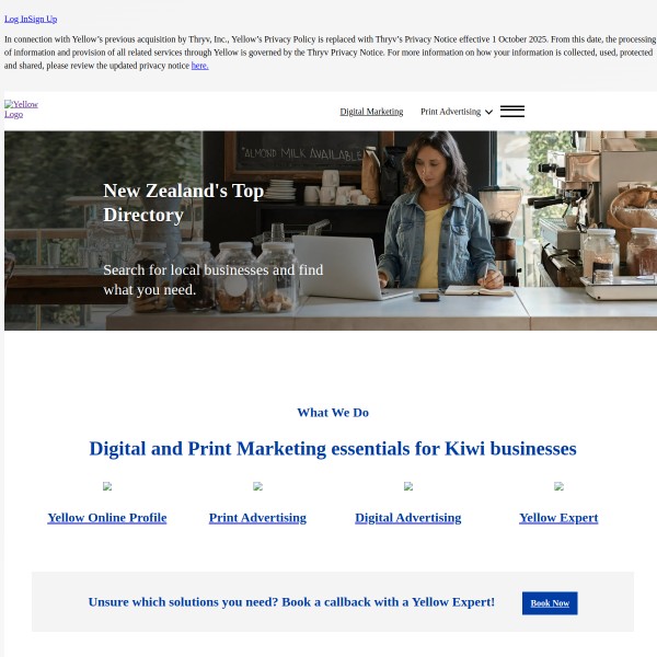 Yellow NZ homepage screenshot