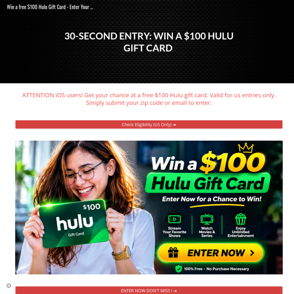 Win a Free $100 Hulu Gift Card – Enter Now! (Only USA)