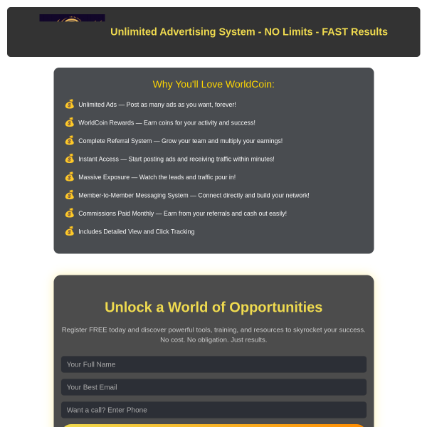 🔥WorldCoin: Unlimited Advertising System - NO Limits - FAST Results