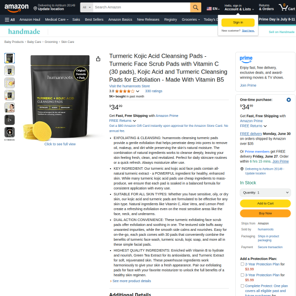 Turmeric Kojic Acid Cleansing Pads - Turmeric Face Scrub Pads with Vitamin C