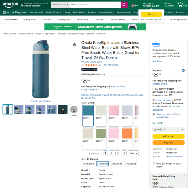 Owala FreeSip Insulated Stainless Steel Water Bottle with Straw, BPA-Free Sports Water Bottle, Great