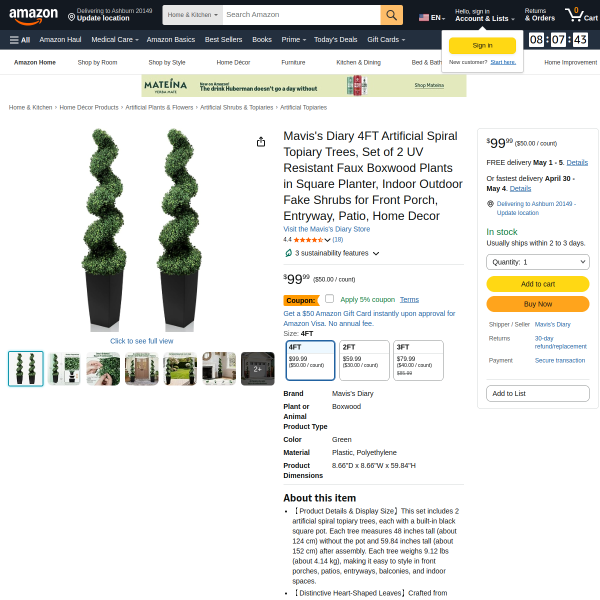 Mavis's Diary: 4FT Artificial Spiral Topiary Trees — Effortless Elegance for Every Space