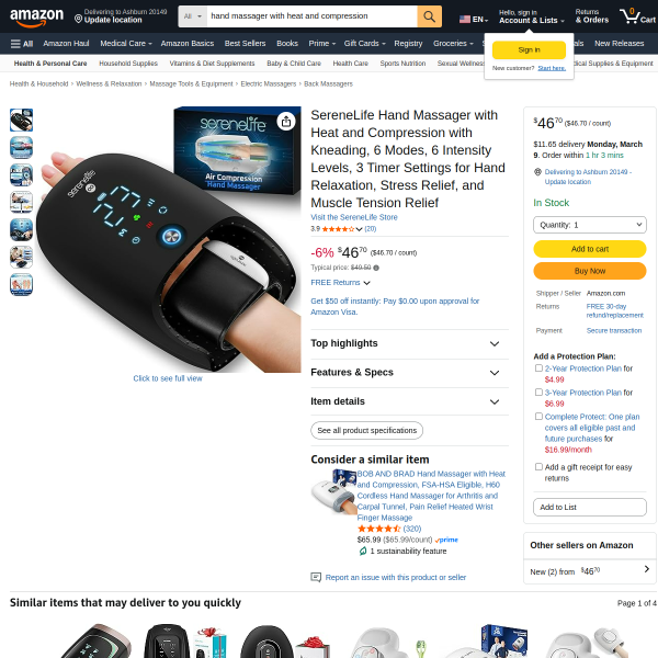 SereneLife Hand Massager with Heat and Compression with Kneading