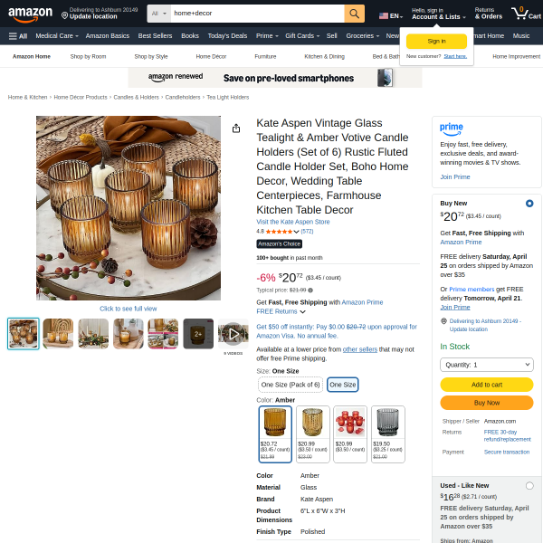 Kate Aspen Vintage Glass Tealight & Amber Votive Candle Holders (Set of 6) Rustic Fluted Candle Hold