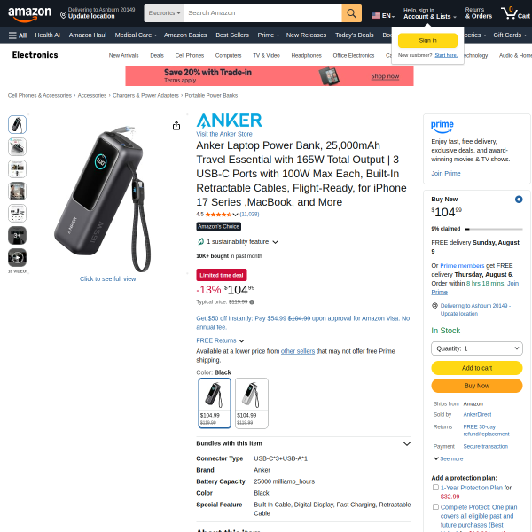 Anker Laptop Power Bank, 25,000mAh Travel Essential with 165W Total Output