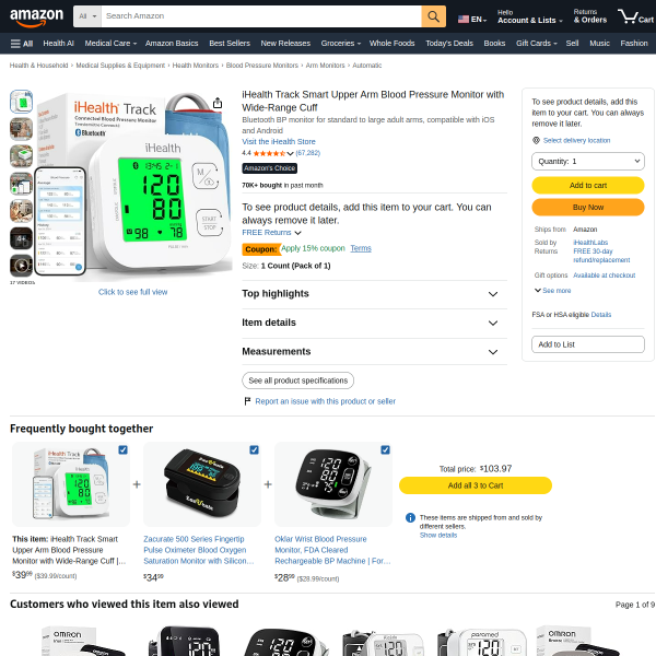 iHealth Track Smart Upper Arm Blood Pressure Monitor with Wide-Range Cuff