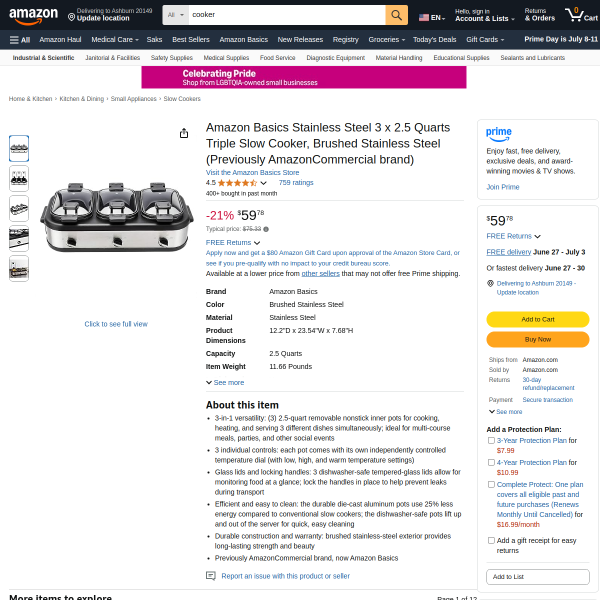 Amazon Basics Stainless Steel 3 x 2.5 Quarts Triple Slow Cooker