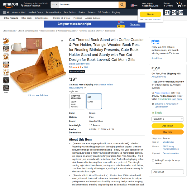 Cat Themed Book Stand with Coffee Coaster & Pen Holder,