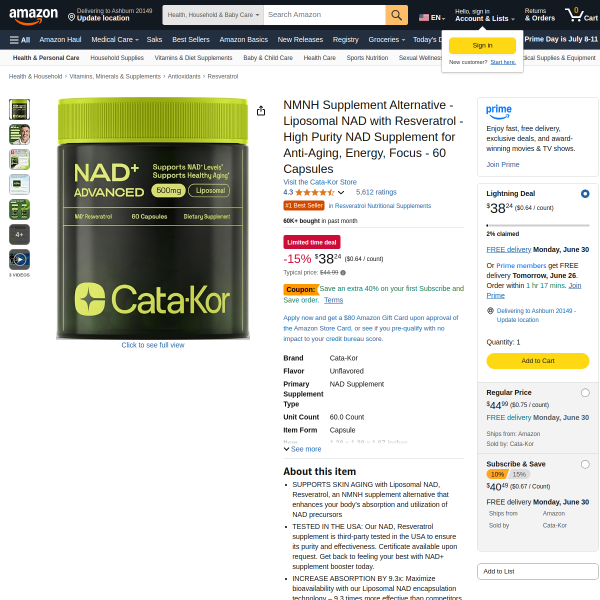 NMNH Supplement Alternative - Liposomal NAD with Resveratrol - High Purity NAD Supplement