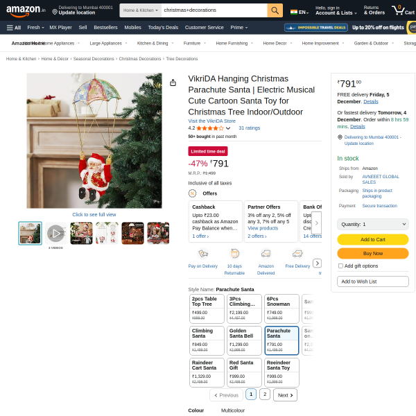 VikriDA Hanging Christmas Parachute Santa | Electric Musical Cute Cartoon Santa Toy for Christmas Tr