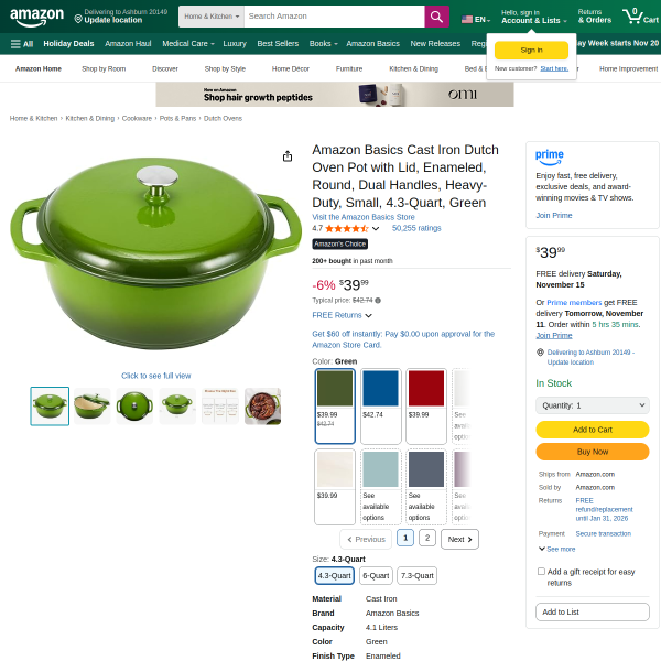 Amazon Basics Cast Iron Dutch Oven Pot with Lid,