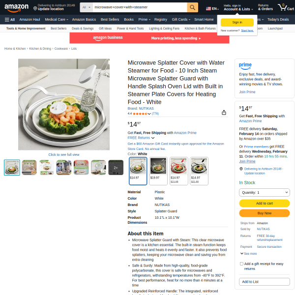 Microwave Splatter Cover with Water Steamer for Food