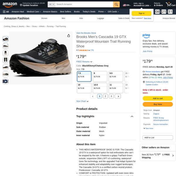 Brooks Men’s Cascadia 19 GTX Waterproof Mountain Trail Running Shoe