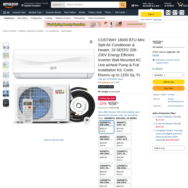 COSTWAY 18000 BTU Mini Split Air Conditioner & Heater
