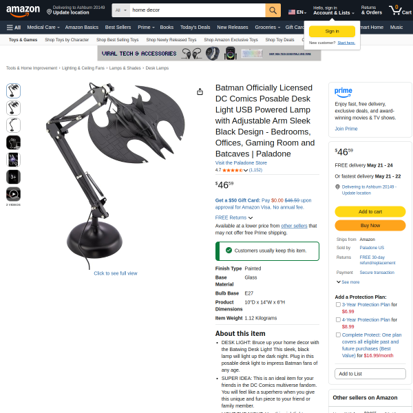 Batman Officially Licensed DC Comics Posable Desk Light USB Powered Lamp with Adjustable Arm Sleek B