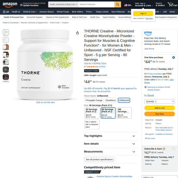 THORNE Creatine - Micronized Creatine Monohydrate Powder