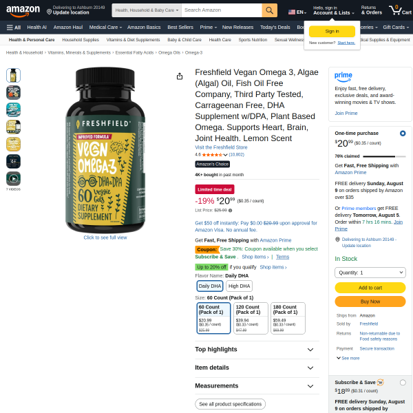 Freshfield Vegan Omega 3, Algae (Algal) Oil, Fish Oil Free Company