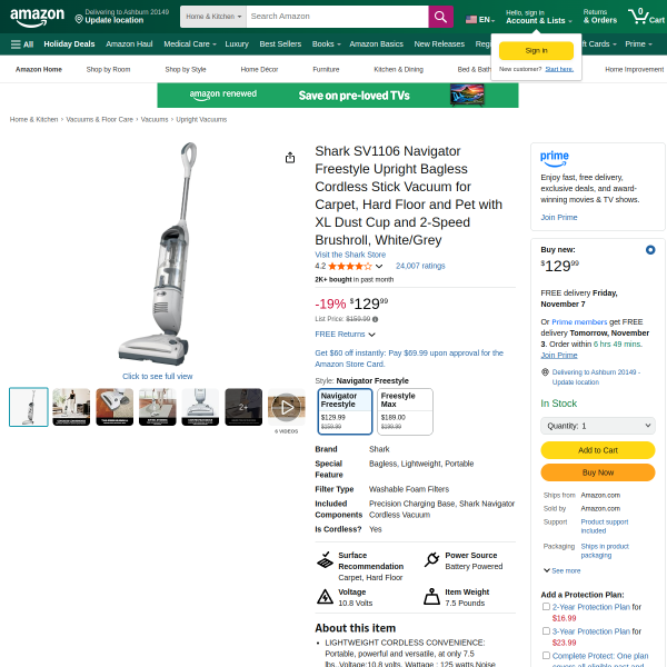 Shark SV1106 Navigator Freestyle Upright Bagless Cordless Stick Vacuum for Carpet, Hard Floor and Pe