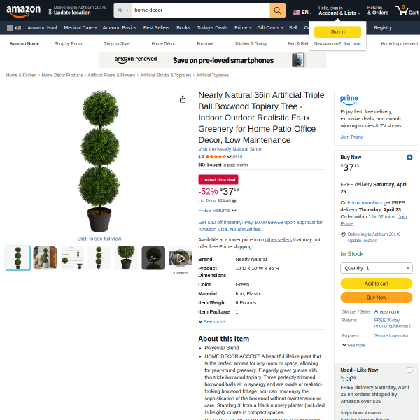 Nearly Natural 36in Artificial Triple Ball Boxwood Topiary Tree - Indoor Outdoor Realistic Faux Gree