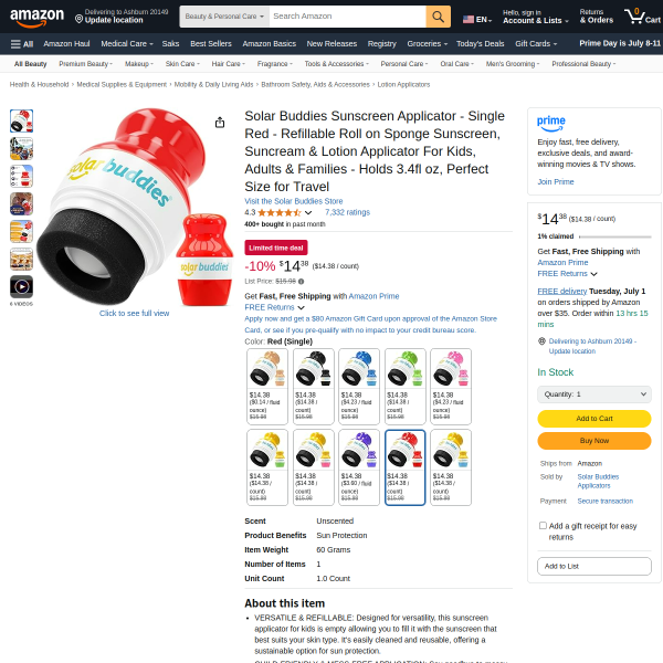 Solar Buddies Sunscreen Applicator - Single Red - Refillable Roll on Sponge Sunscreen, Suncream