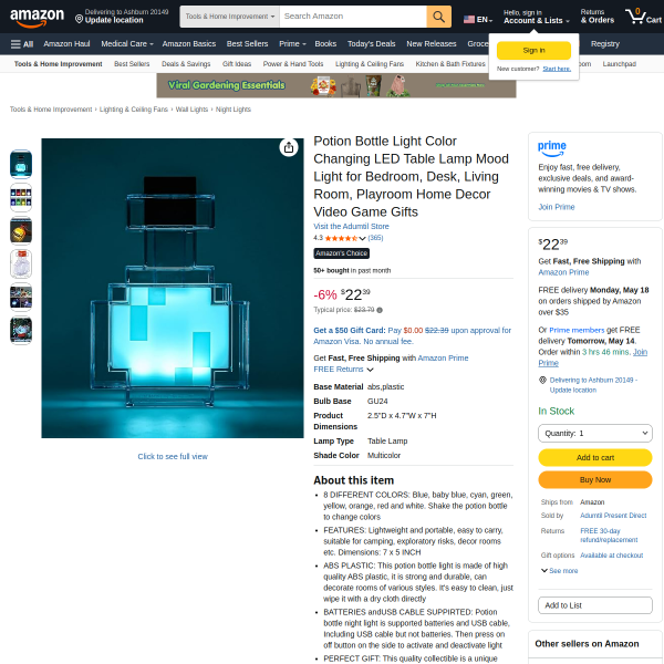 Potion Bottle Light Color Changing LED Table Lamp Mood Light for Bedroom, Desk, Living Room, Playroo