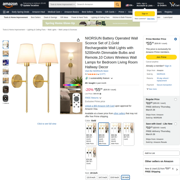 Luxury Lighting Without the Wiring: NIORSUN Battery Operated Gold Wall Sconce Set