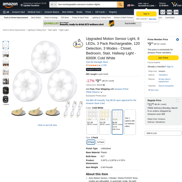 Upgraded Motion Sensor Light, 8 LEDs, 3 Pack Rechargeable,