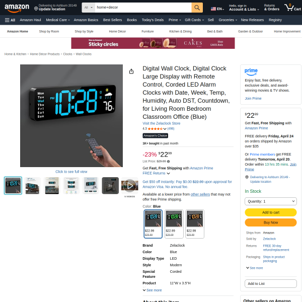 Digital Wall Clock, Digital Clock Large Display with Remote Control, Corded LED Alarm Clocks with Da