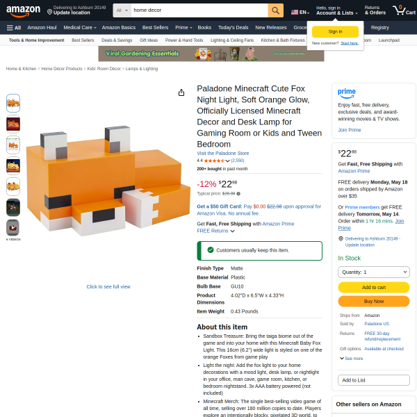 Minecraft Cute Fox Night Light, Soft Orange Glow, Officially Licensed Minecraft Decor and Desk Lamp