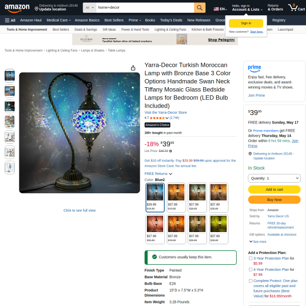 Yarra-Decor Turkish Moroccan Lamp with Bronze Base 3 Color Options Handmade Swan Neck Tiffany Mosaic