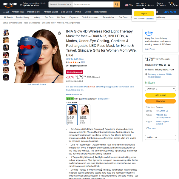 INIA Glow 4D Wireless Red Light Therapy Mask for face – Dual NIR