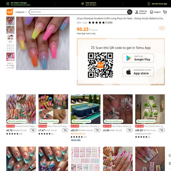 24 pcs Rainbow Gradient Coffin Long Press On Nails