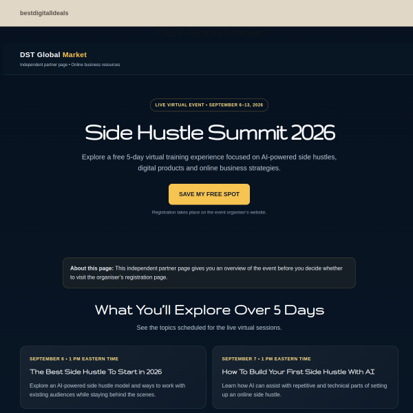 Side Hustle Summit 2026 Live Virtual Event • September 6–13, 2026