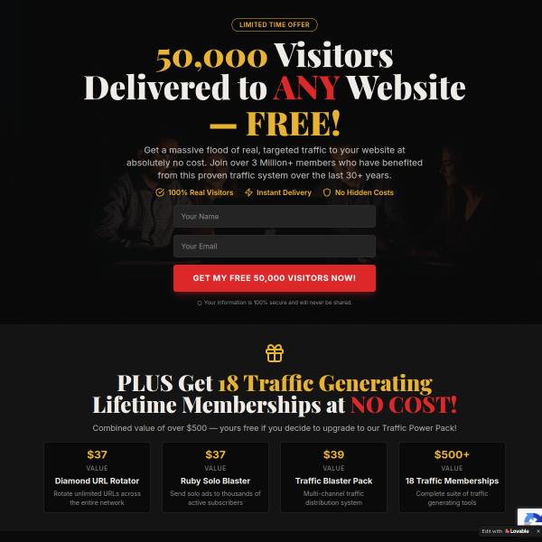 Get 50,000 FREE Visitors To ANY Website — Plus 18 Traffic Memberships FREE!