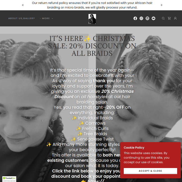✨ Christmas Sale: 20% Discount on All Braids—Book Now!