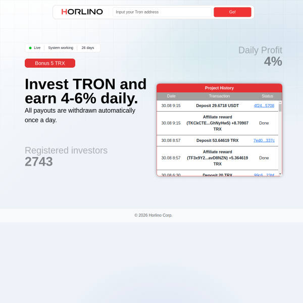 5TRX Bonus on Registration 4% Daily Profit