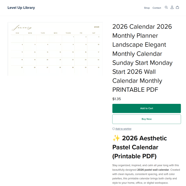 Printable 2026 Elegant Calendar PDF Instant Download
