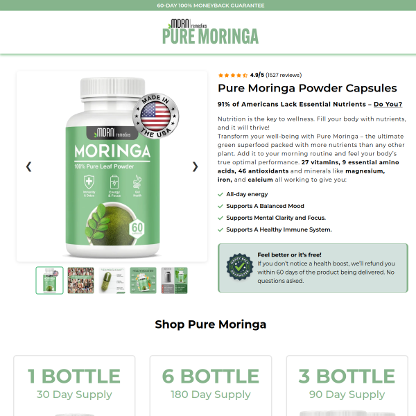 Pure Moringa Capsules for Energy, Immunity & Weight Loss – 100% Natural Supplement