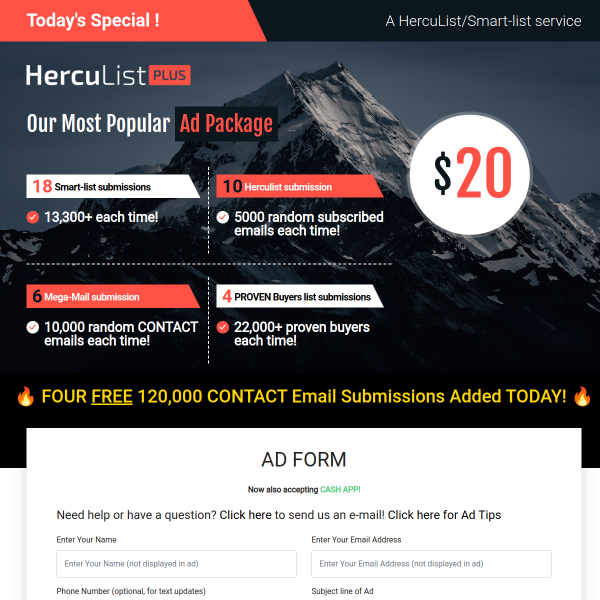 HercuList PLUS Our Most Popular Ad Package $20
