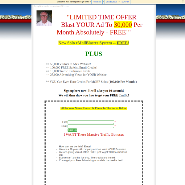JUST RELEASED - Solo eMailBlaster. Blast Your Ad To 30,000 Per Month At NO Cost.