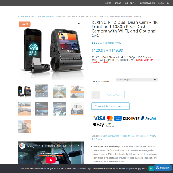 REXING RH2 Dual Dash Cam – 4K Front and 1080p Rear Dash Camera with Wi-Fi, and Optional GPS