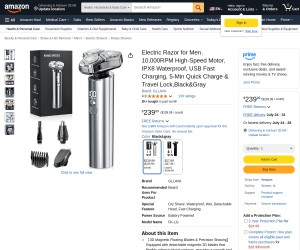 Electric Razor for Men，10,000RPM High-Speed Motor, IPX8 Waterproof, USB Fast Charging, 5-Min Quick
