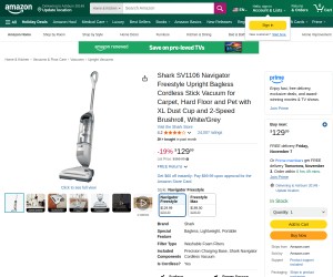 Shark SV1106 Navigator Freestyle Upright Bagless Cordless Stick Vacuum for Carpet, Hard Floor and Pe