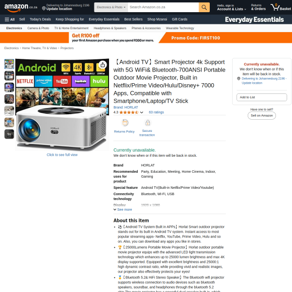 Smart Projector 4k Support with 5G WiFi& Bluetooth