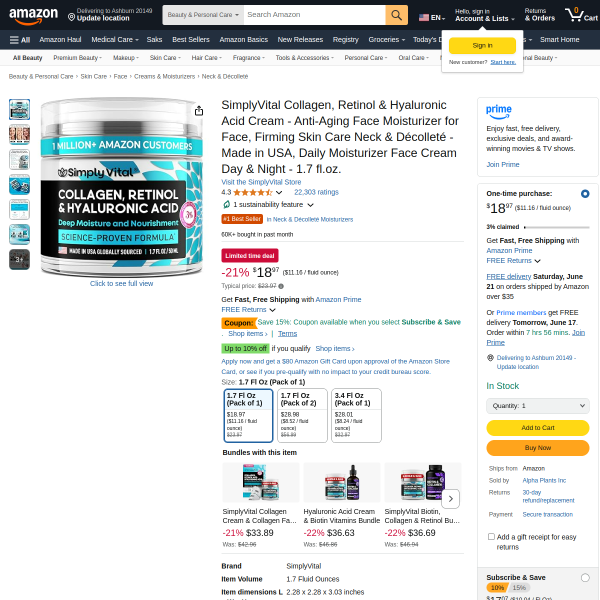 SimplyVital Collagen, Retinol & Hyaluronic Acid Cream - Anti-Aging Face Moisturizer for Face, Firmin