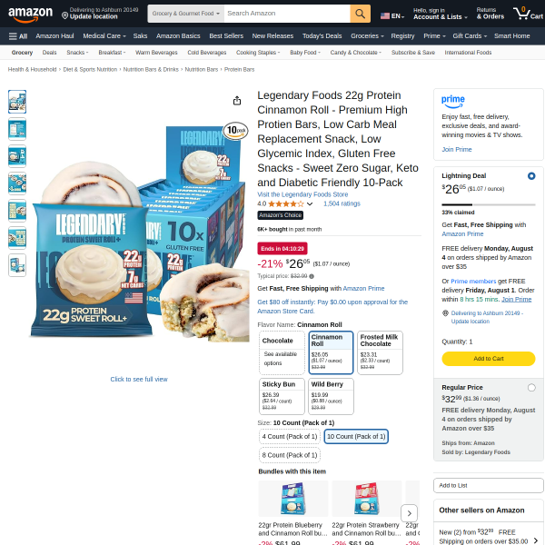 Legendary Foods 22g Protein Cinnamon Roll - Premium High Protien Bars, Low Carb Meal Replacement