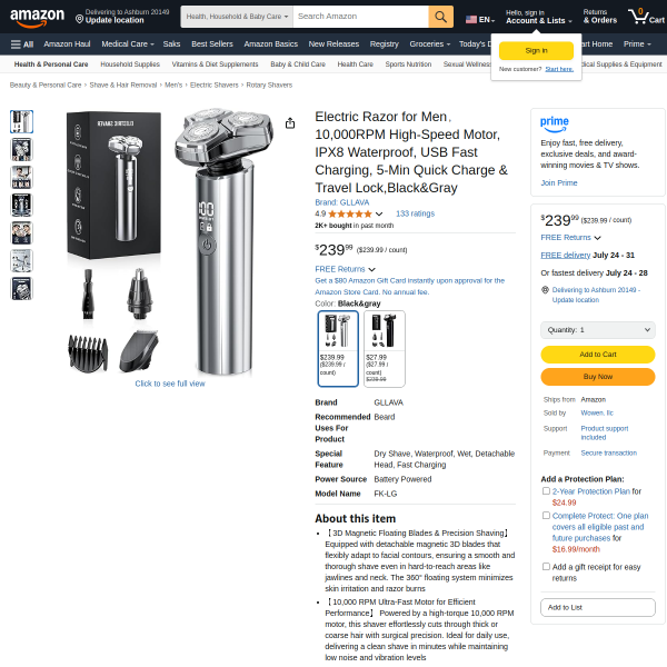 Electric Razor for Men，10,000RPM High-Speed Motor, IPX8 Waterproof, USB Fast Charging, 5-Min Quick