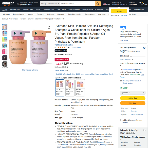 Evereden Kids Haircare Set: Hair Detangling Shampoo & Conditioner for Children Ages 3+, Plant