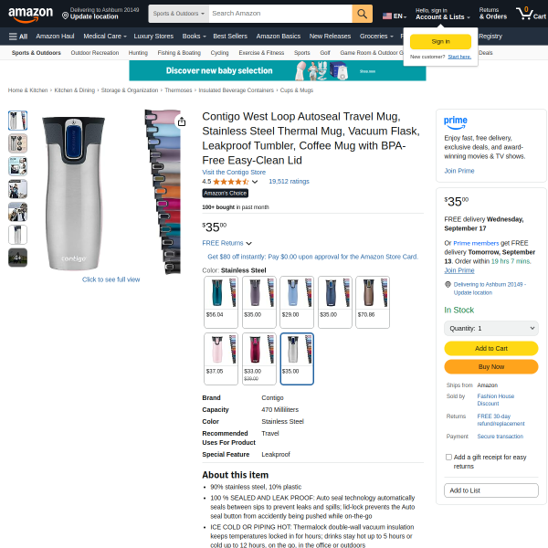 Contigo West Loop Autoseal Travel Mug, Stainless Steel Thermal Mug, Vacuum Flask, Leakproof Tumbler,