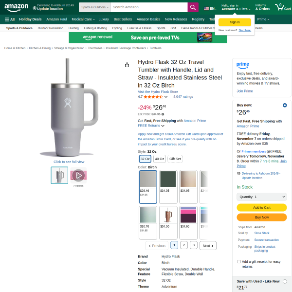 Hydro Flask 32 Oz Travel Tumbler with Handle, Lid and Straw - Insulated Stainless Steel in 32 Oz Bir